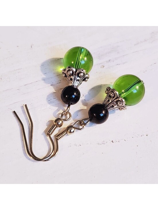 Jewelry - Eclectic Black Green Glass Bead Antiqued Silver Fancy Bead Cap Earrings
